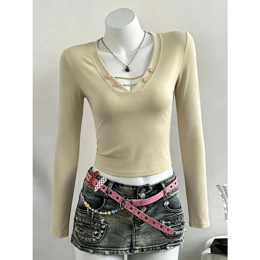 Decorative Pearl Buttons V-Neck Long Sleeve T-Shirt Apparel and Accessories
