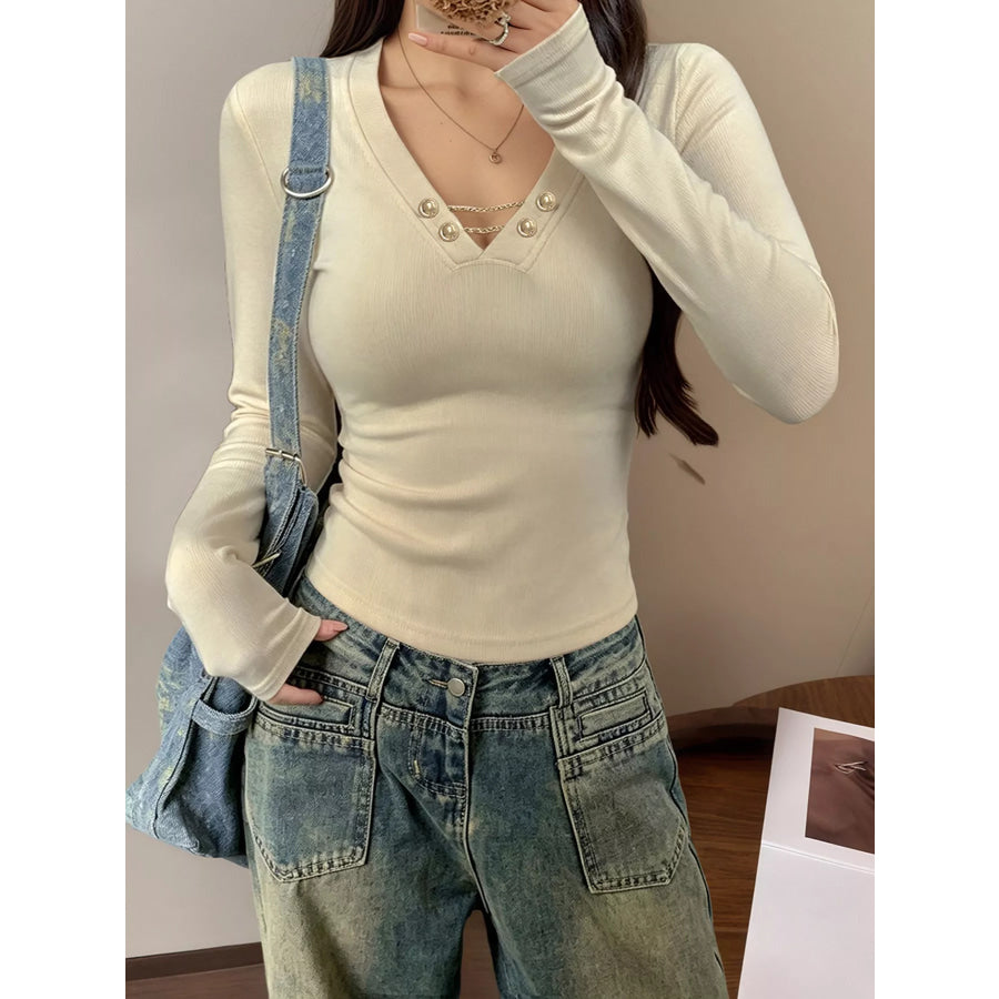 Decorative Pearl Buttons V-Neck Long Sleeve T-Shirt Apparel and Accessories
