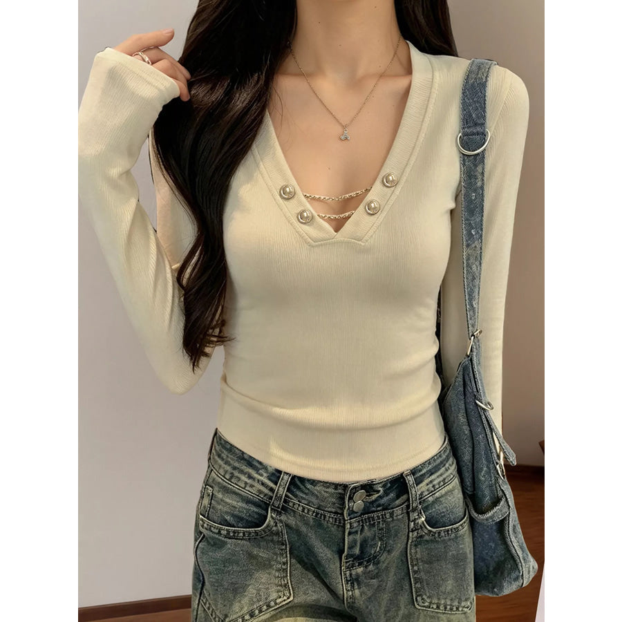 Decorative Pearl Buttons V-Neck Long Sleeve T-Shirt Khaki / S Apparel and Accessories