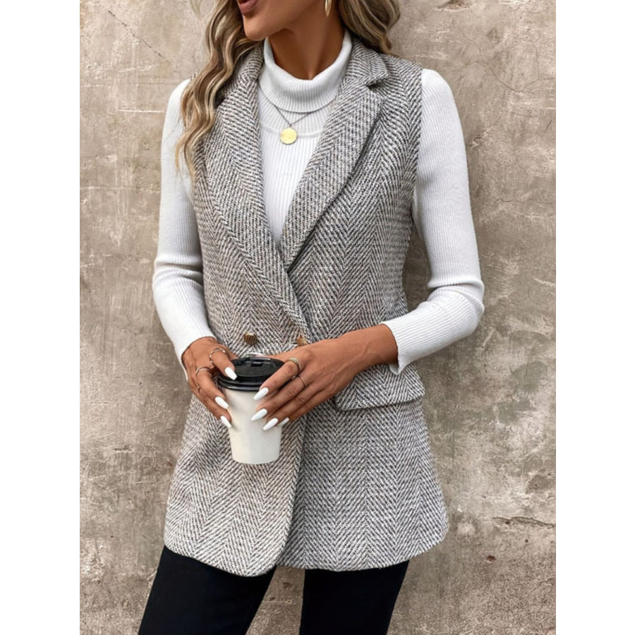 Decorative Pocket Flap Collared Neck Vest Coat Apparel and Accessories