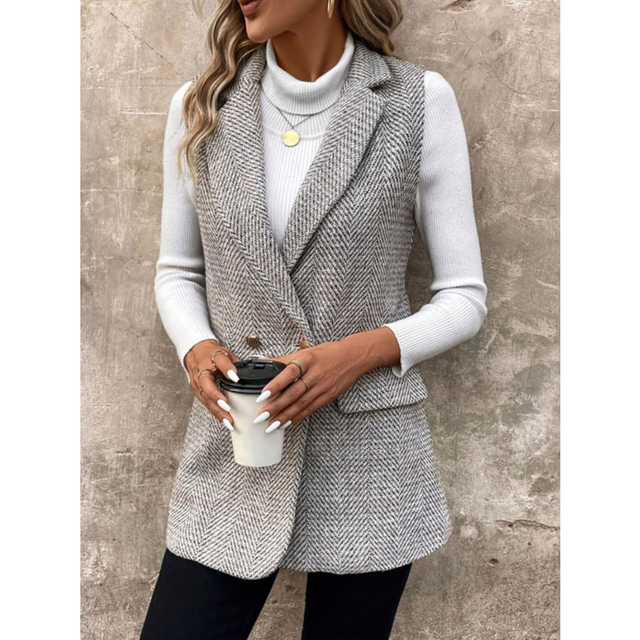 Decorative Pocket Flap Collared Neck Vest Coat Apparel and Accessories