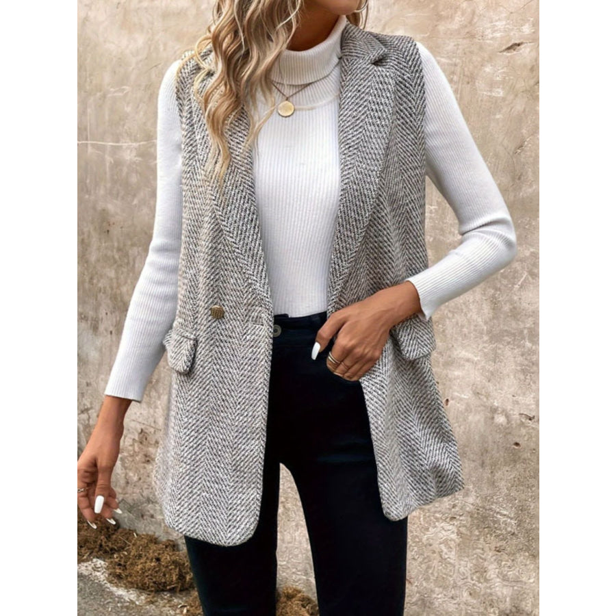 Decorative Pocket Flap Collared Neck Vest Coat Apparel and Accessories