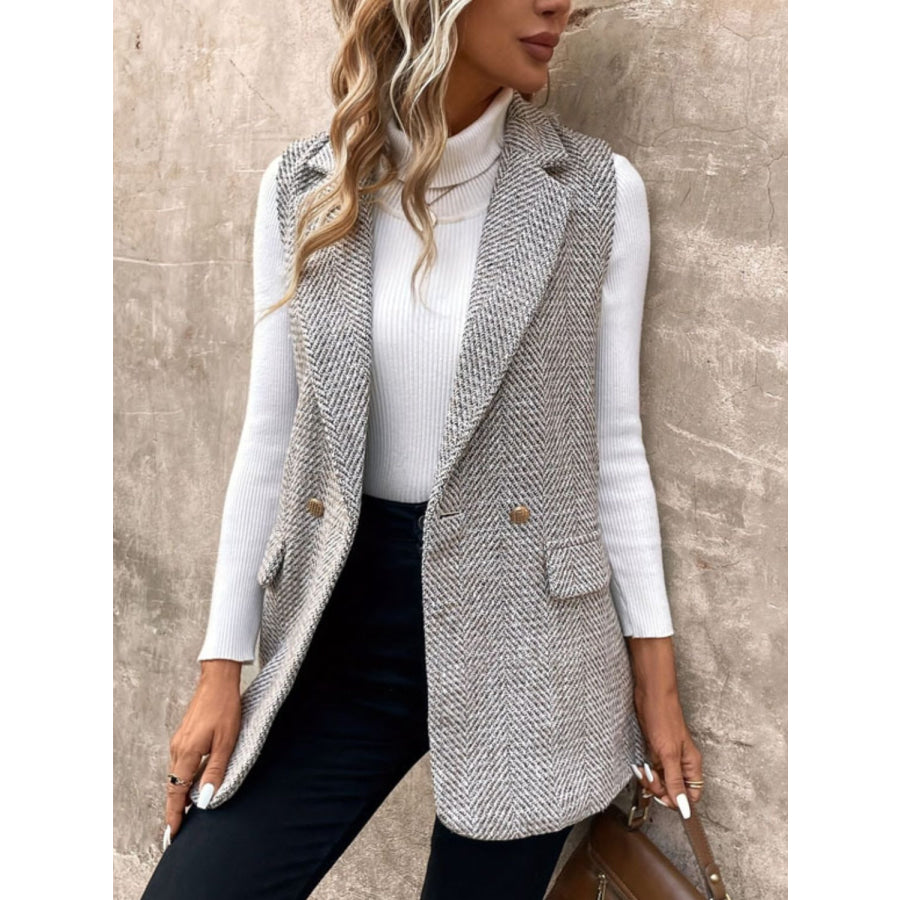 Decorative Pocket Flap Collared Neck Vest Coat Gray / S Apparel and Accessories