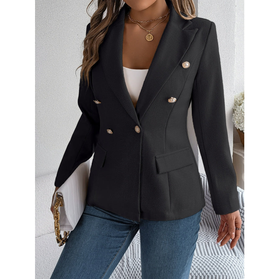 Decorative Pocket Flap Lapel Collar Long Sleeve Blazer Apparel and Accessories