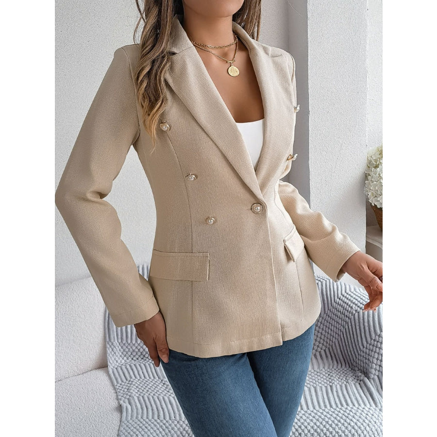 Decorative Pocket Flap Lapel Collar Long Sleeve Blazer Apparel and Accessories