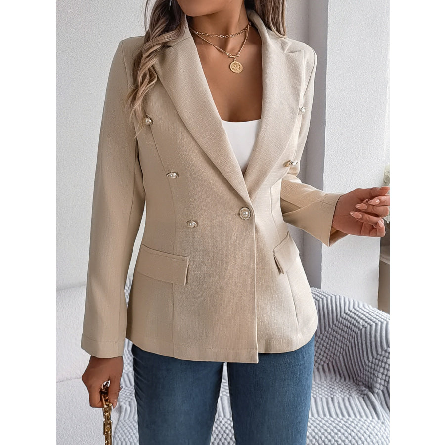 Decorative Pocket Flap Lapel Collar Long Sleeve Blazer Apparel and Accessories