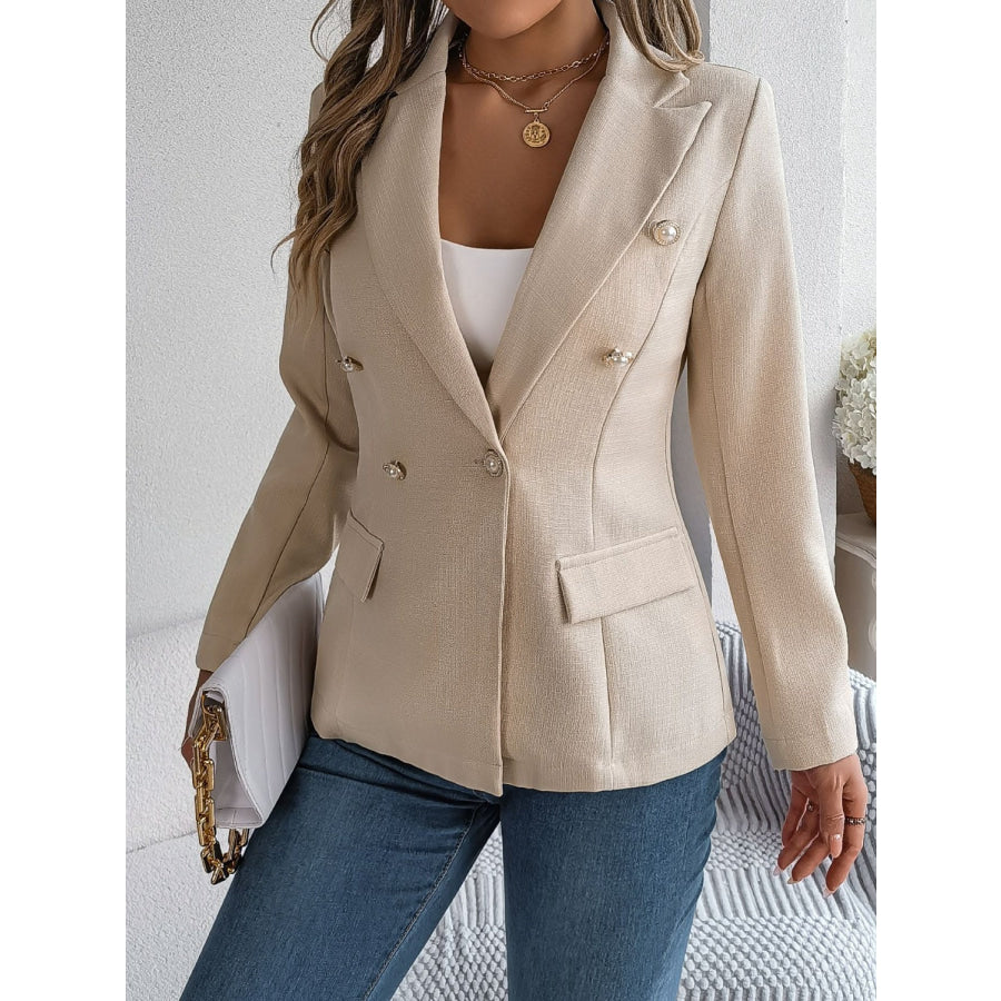 Decorative Pocket Flap Lapel Collar Long Sleeve Blazer Apparel and Accessories