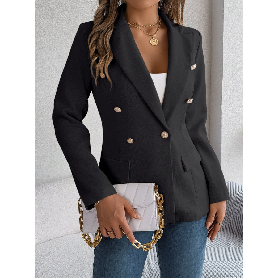 Decorative Pocket Flap Lapel Collar Long Sleeve Blazer Apparel and Accessories