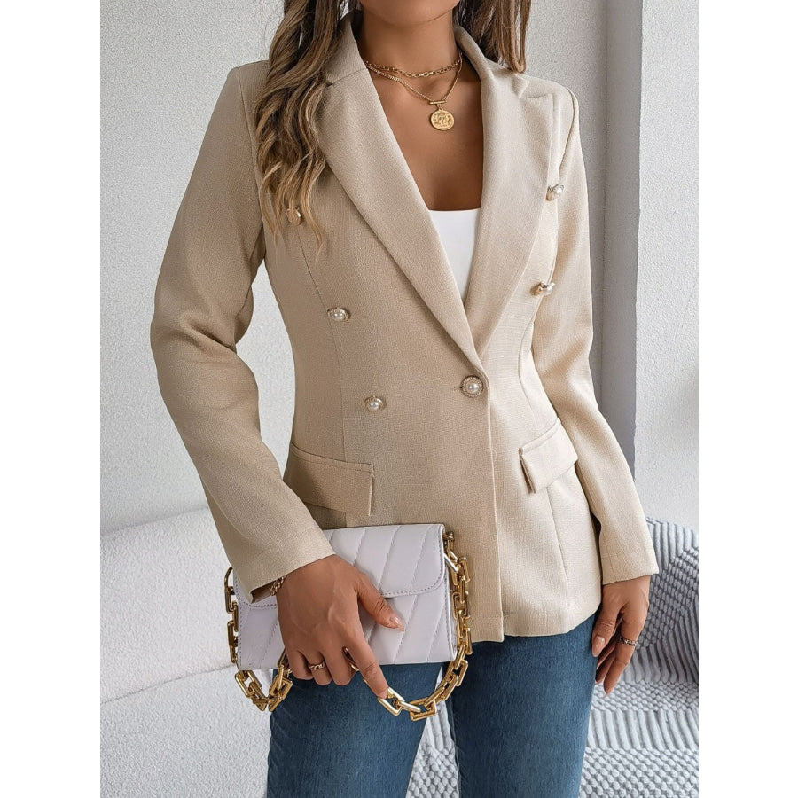 Decorative Pocket Flap Lapel Collar Long Sleeve Blazer Apparel and Accessories