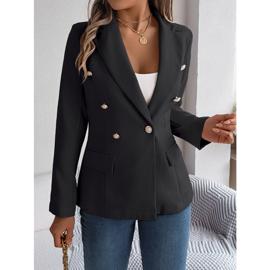 Decorative Pocket Flap Lapel Collar Long Sleeve Blazer Apparel and Accessories