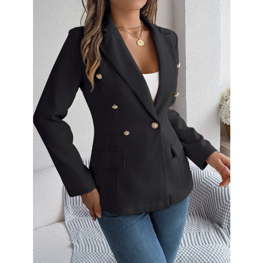 Decorative Pocket Flap Lapel Collar Long Sleeve Blazer Black / S Apparel and Accessories