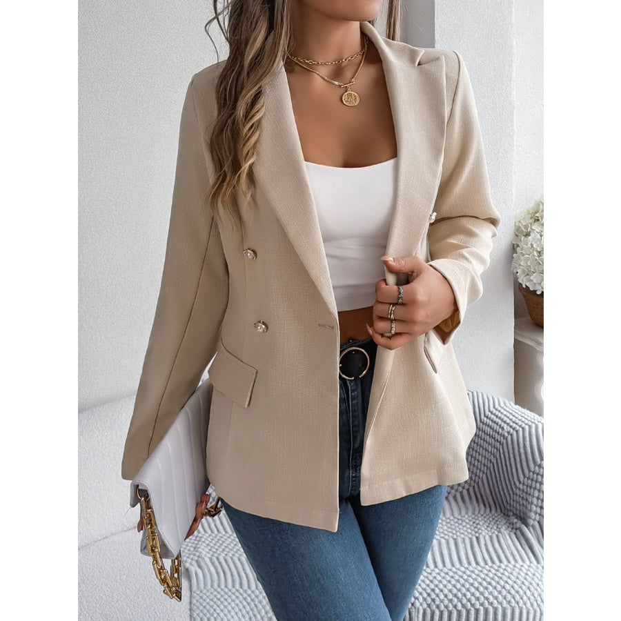 Decorative Pocket Flap Lapel Collar Long Sleeve Blazer Khaki / S Apparel and Accessories