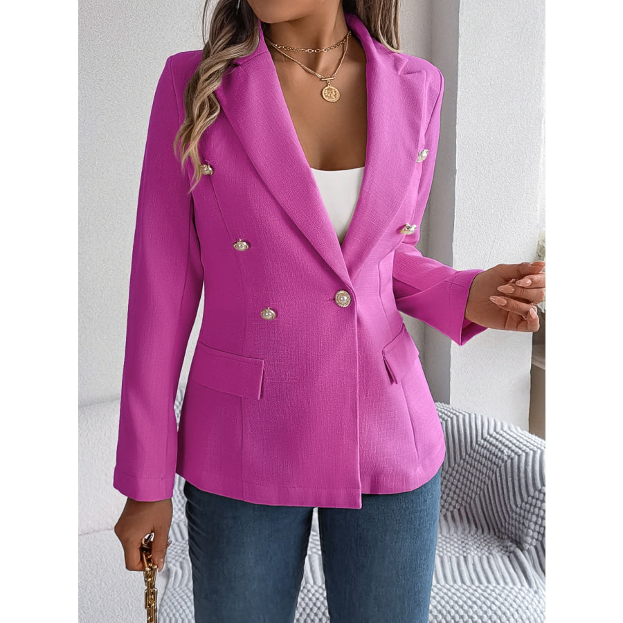 Decorative Pocket Flap Lapel Collar Long Sleeve Blazer Red-Violet / S Apparel and Accessories