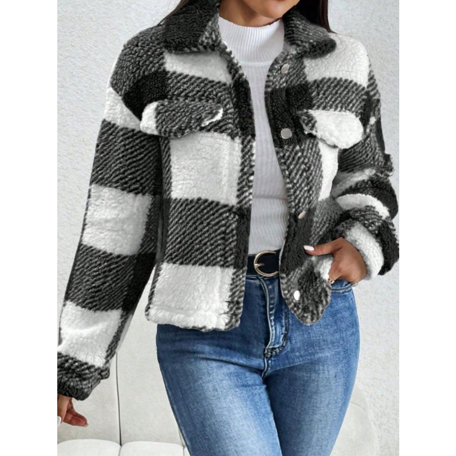 Decorative Pocket Flap Plaid Long Sleeve Jacket Apparel and Accessories