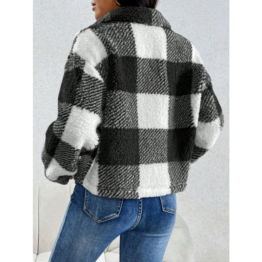 Decorative Pocket Flap Plaid Long Sleeve Jacket Apparel and Accessories