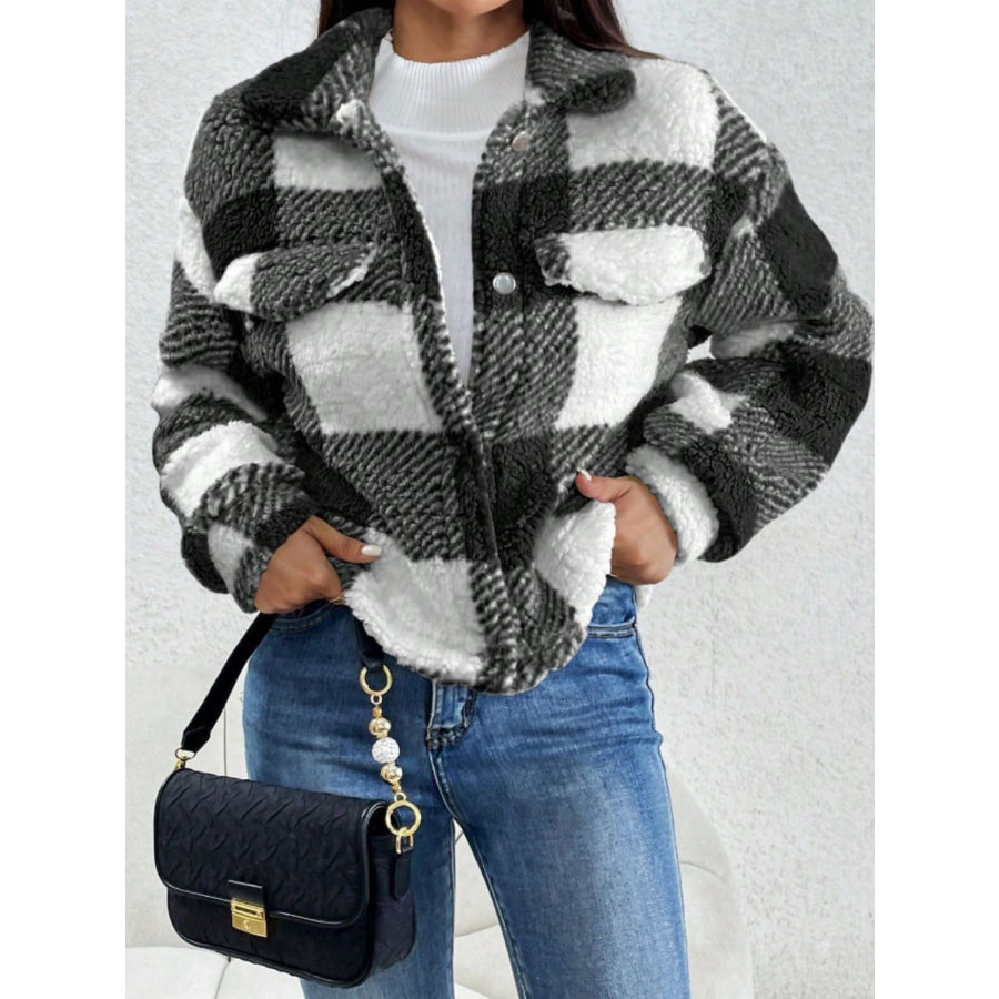 Decorative Pocket Flap Plaid Long Sleeve Jacket Apparel and Accessories