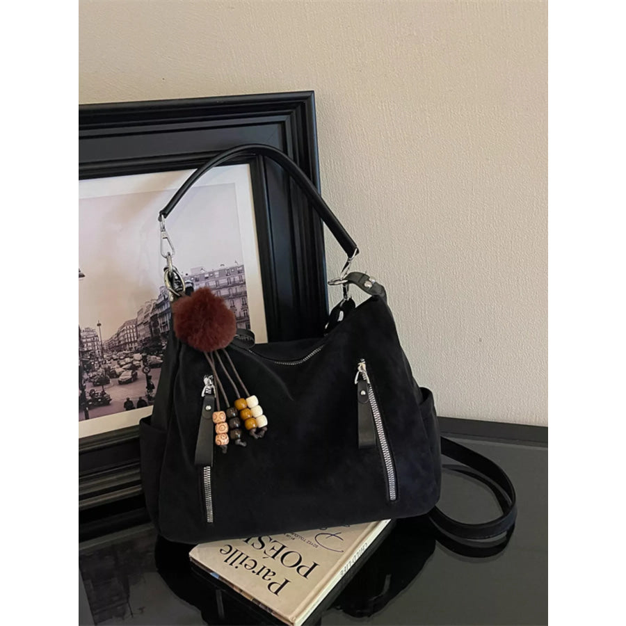 Decorative Pom-Pom and Bead Charm Shoulder Bag Black / One Size Apparel Accessories