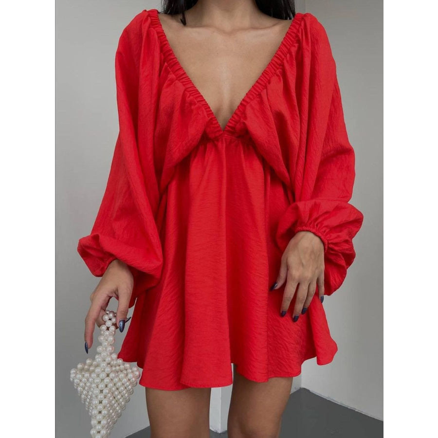 Deep V-Neck Balloon Sleeve Dress Apparel and Accessories
