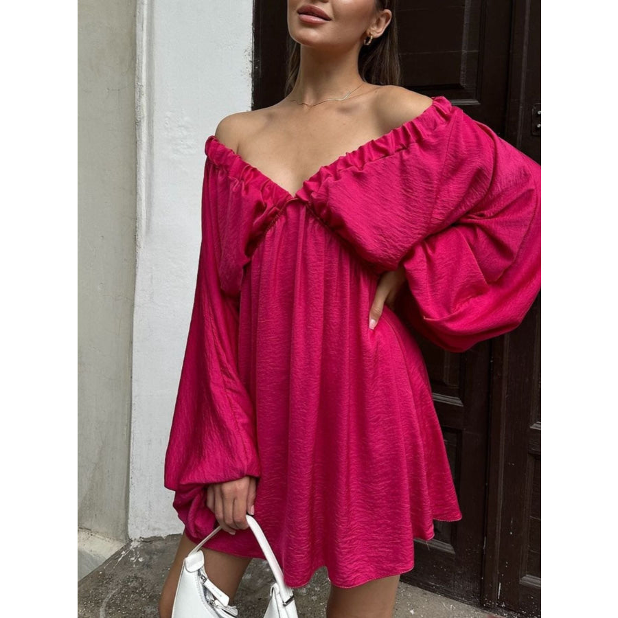Deep V-Neck Balloon Sleeve Dress Apparel and Accessories