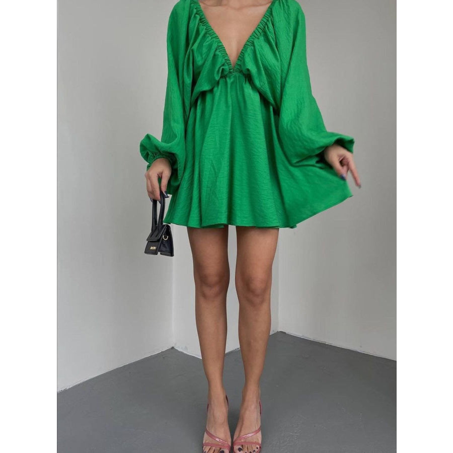 Deep V-Neck Balloon Sleeve Dress Apparel and Accessories