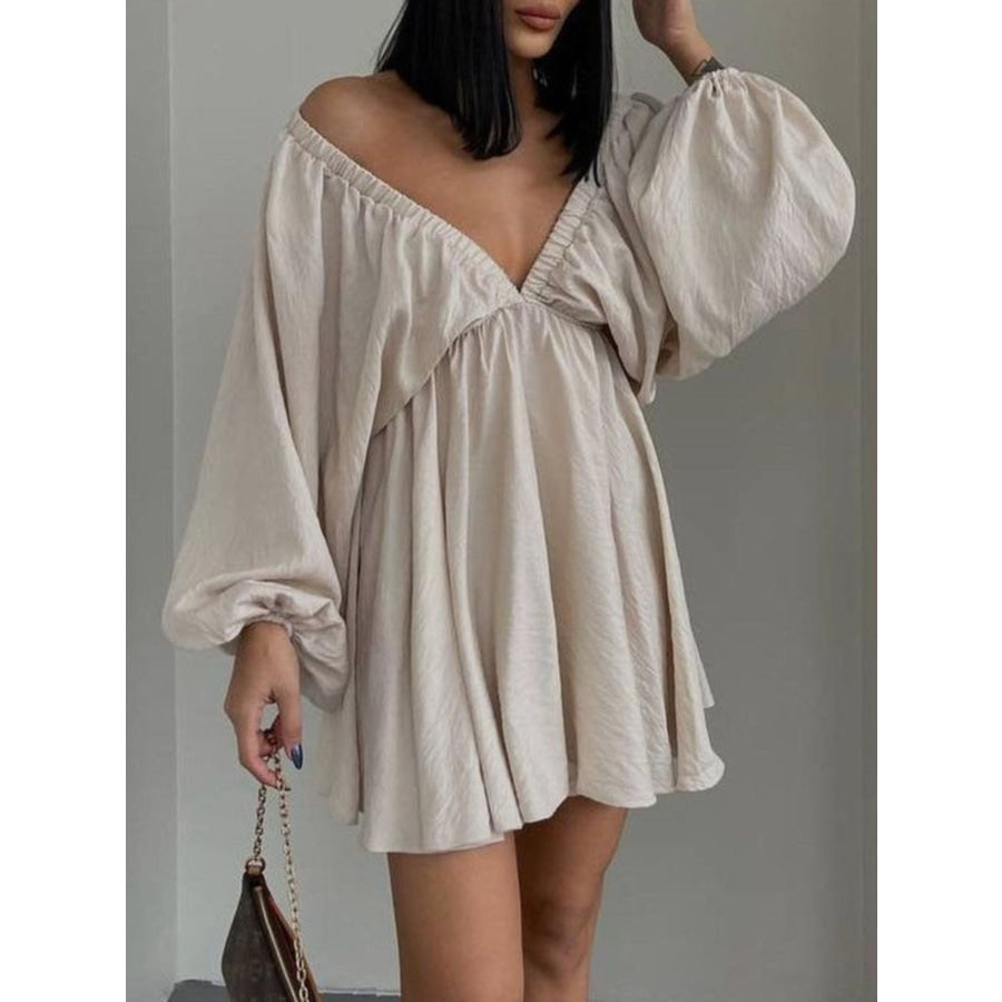 Deep V-Neck Balloon Sleeve Dress Apparel and Accessories