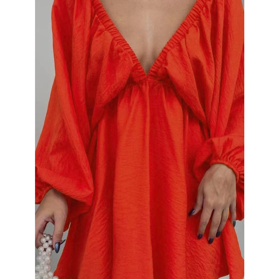 Deep V-Neck Balloon Sleeve Dress Apparel and Accessories
