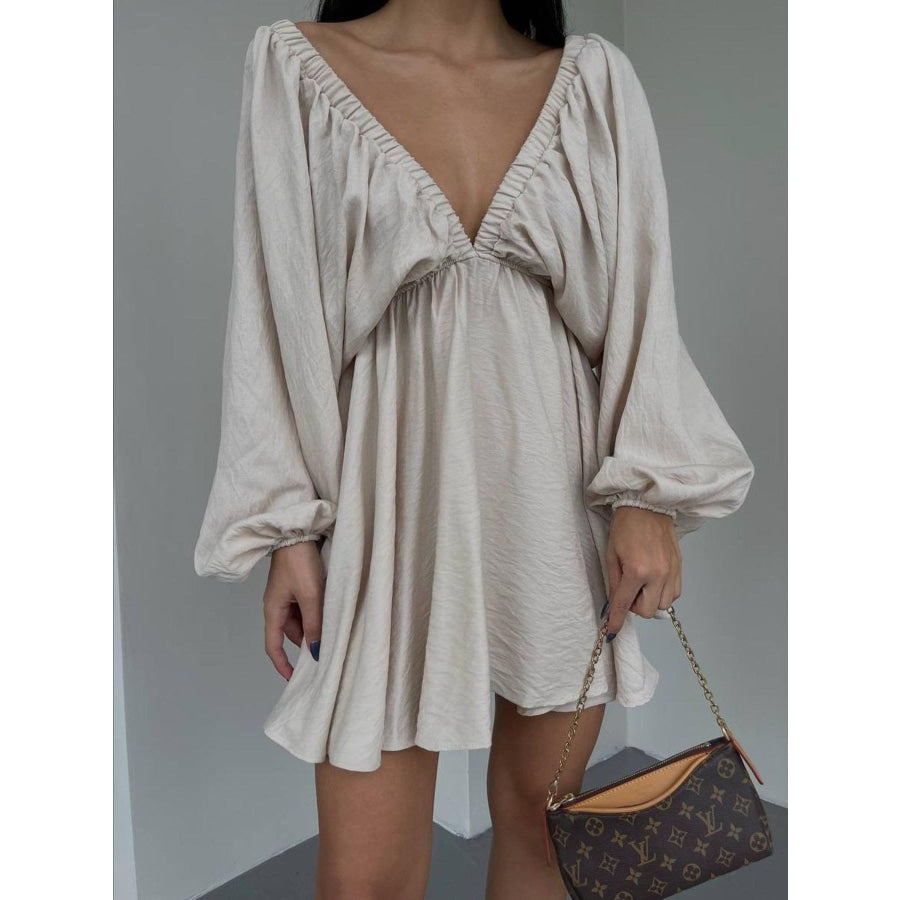 Deep V-Neck Balloon Sleeve Dress Beige / S Apparel and Accessories