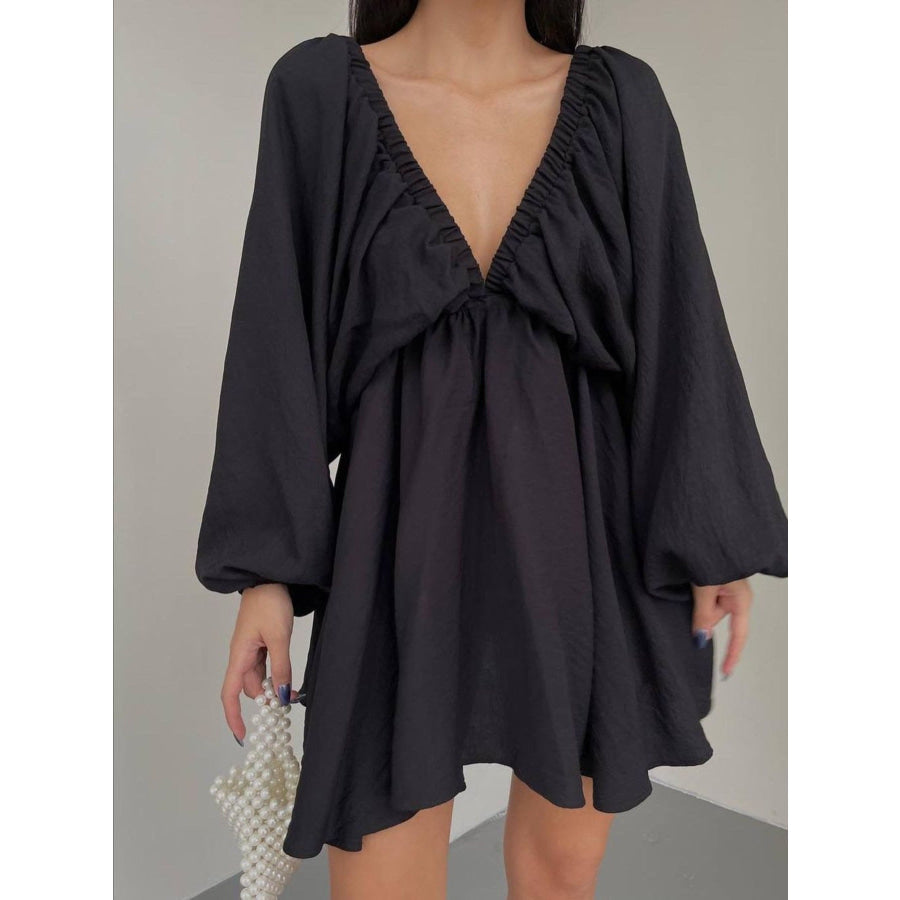 Deep V-Neck Balloon Sleeve Dress Black / S Apparel and Accessories