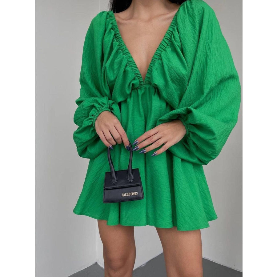 Deep V-Neck Balloon Sleeve Dress Green / S Apparel and Accessories