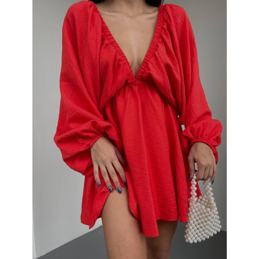 Deep V-Neck Balloon Sleeve Dress Scarlet / S Apparel and Accessories