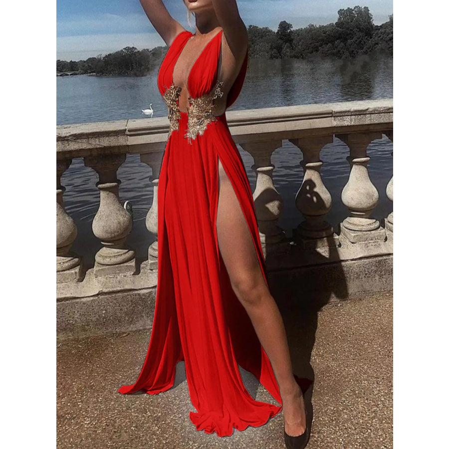 Deep V-Neck High Slit Maxi Dress Apparel and Accessories