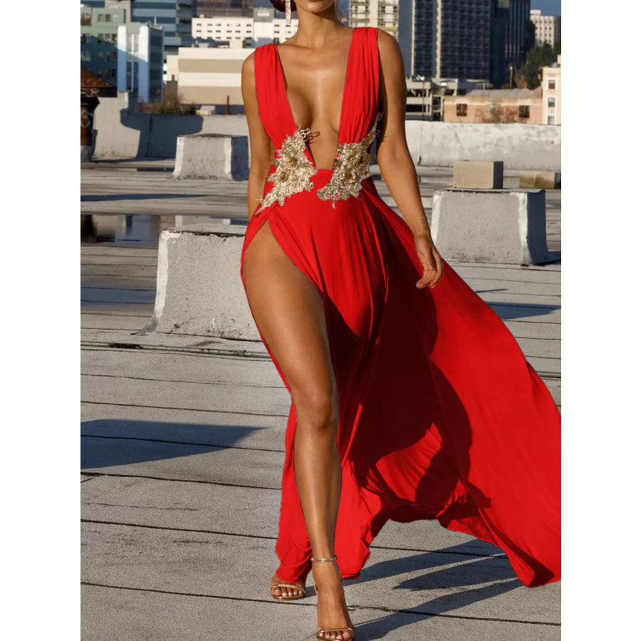 Deep V-Neck High Slit Maxi Dress Red / S Apparel and Accessories