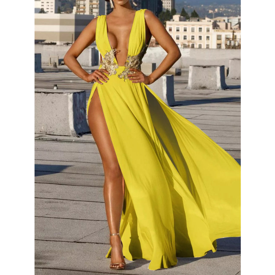 Deep V-Neck High Slit Maxi Dress Yellow / S Apparel and Accessories