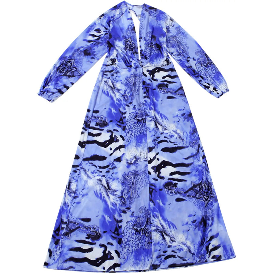 Deep V-Neck Long Sleeve Printed Maxi Dress Apparel and Accessories