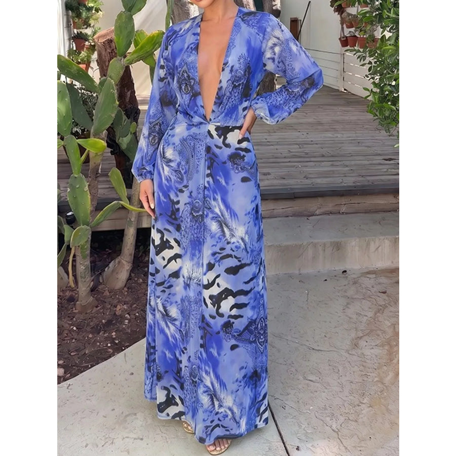 Deep V-Neck Long Sleeve Printed Maxi Dress Apparel and Accessories