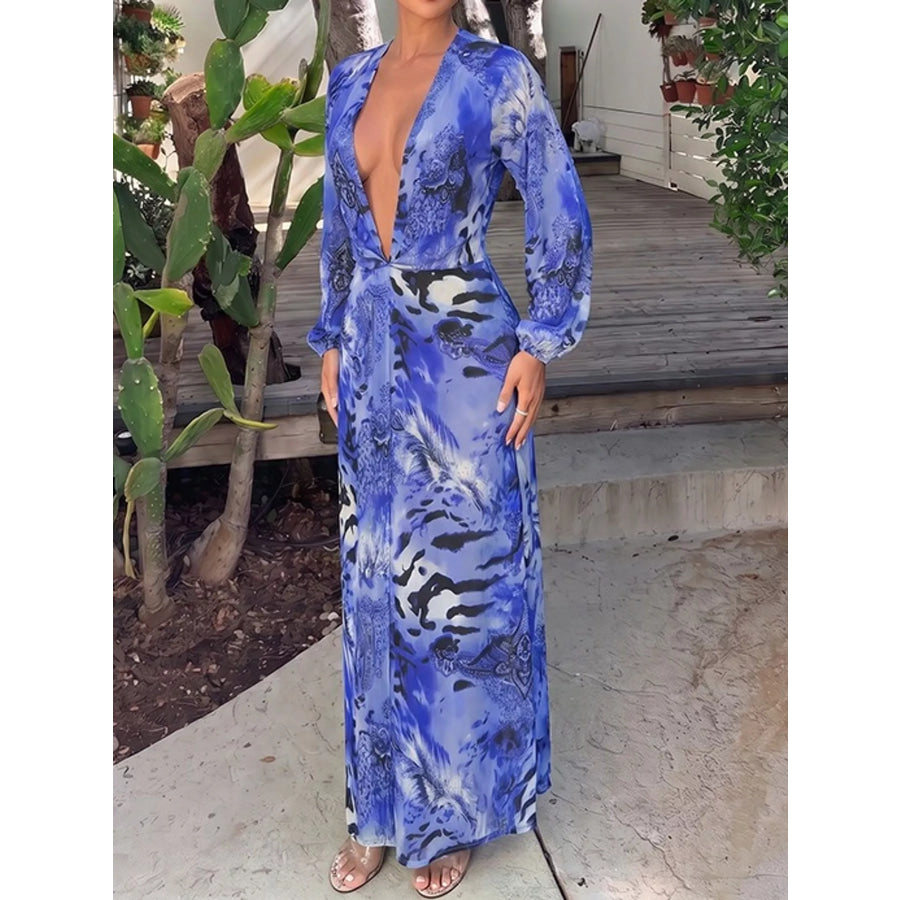 Deep V-Neck Long Sleeve Printed Maxi Dress Apparel and Accessories