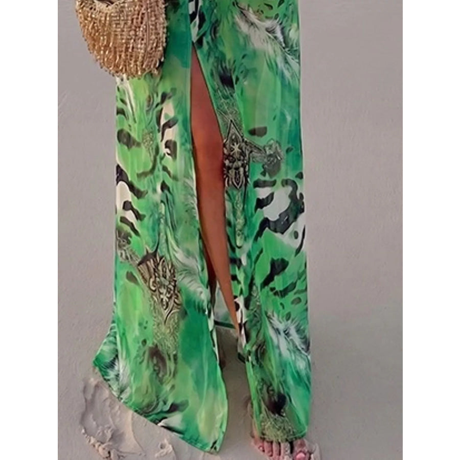 Deep V-Neck Long Sleeve Printed Maxi Dress Apparel and Accessories