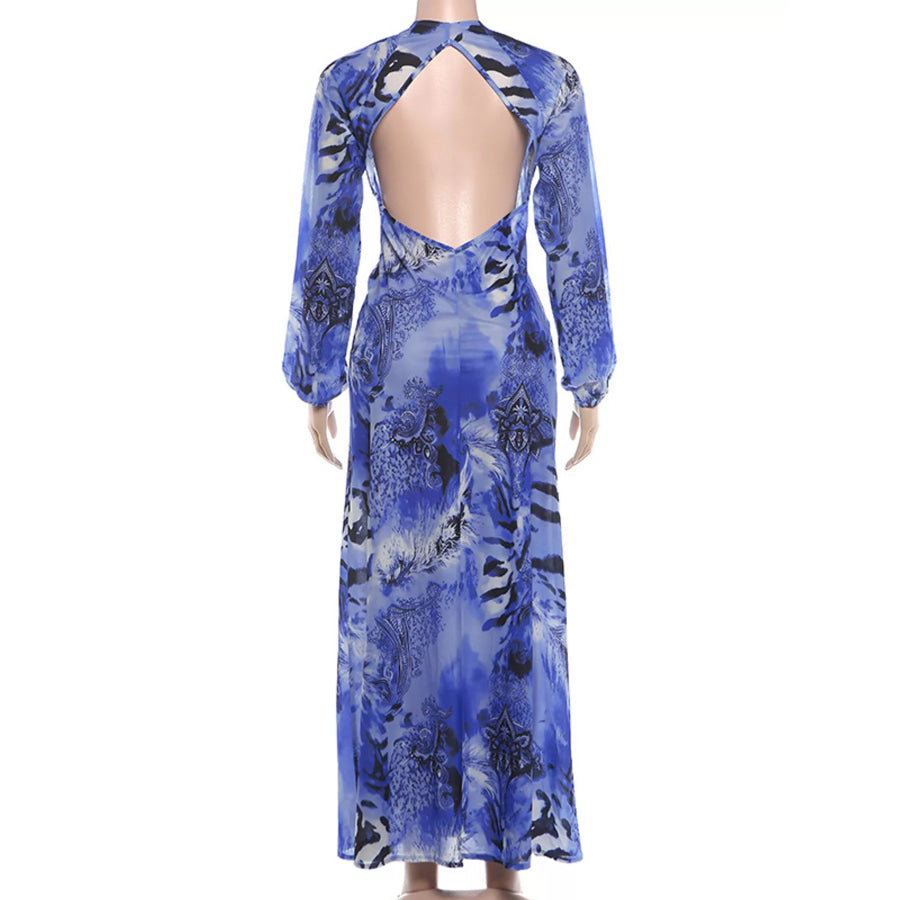 Deep V-Neck Long Sleeve Printed Maxi Dress Apparel and Accessories