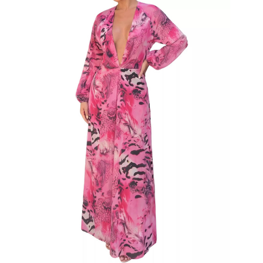 Deep V-Neck Long Sleeve Printed Maxi Dress Apparel and Accessories
