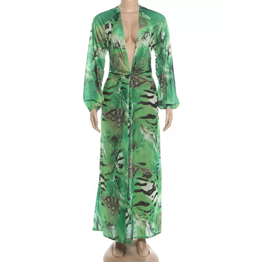 Deep V-Neck Long Sleeve Printed Maxi Dress Apparel and Accessories