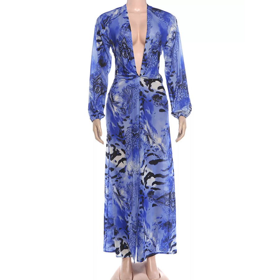 Deep V-Neck Long Sleeve Printed Maxi Dress Apparel and Accessories