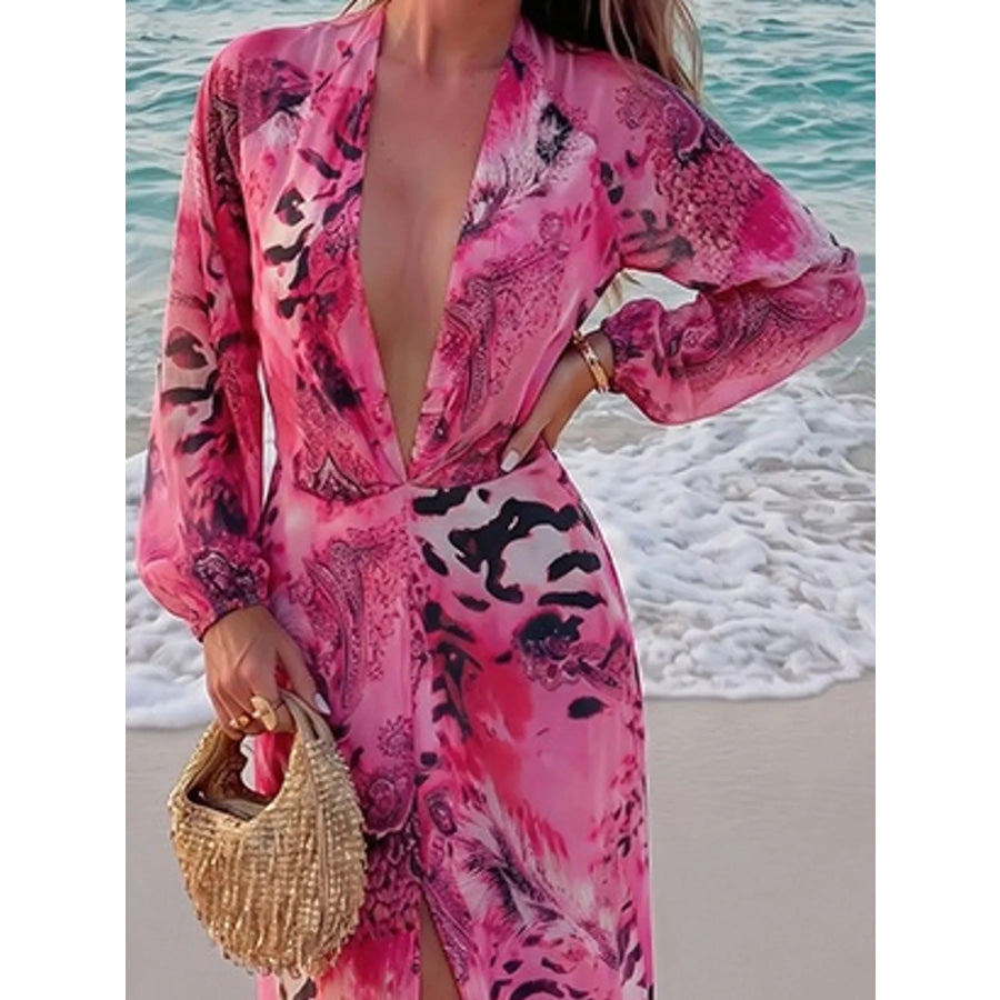 Deep V-Neck Long Sleeve Printed Maxi Dress Apparel and Accessories