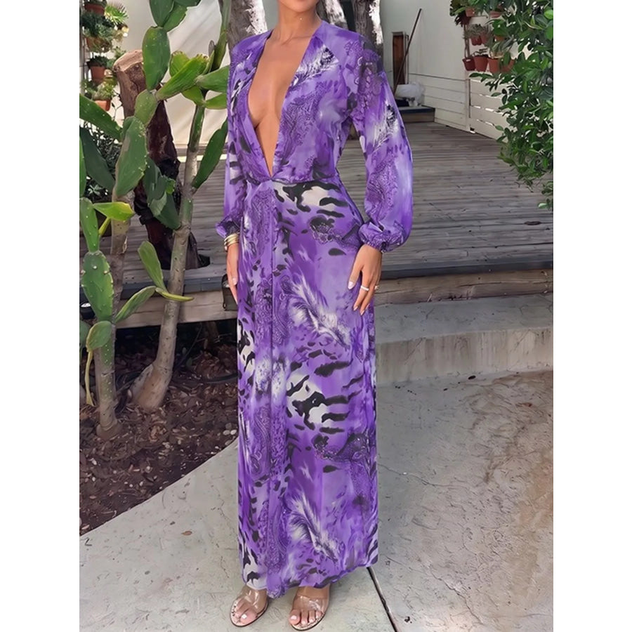 Deep V-Neck Long Sleeve Printed Maxi Dress Apparel and Accessories