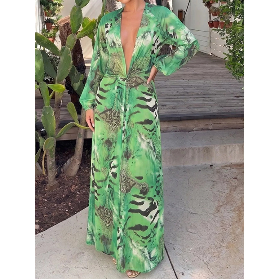 Deep V-Neck Long Sleeve Printed Maxi Dress Apparel and Accessories