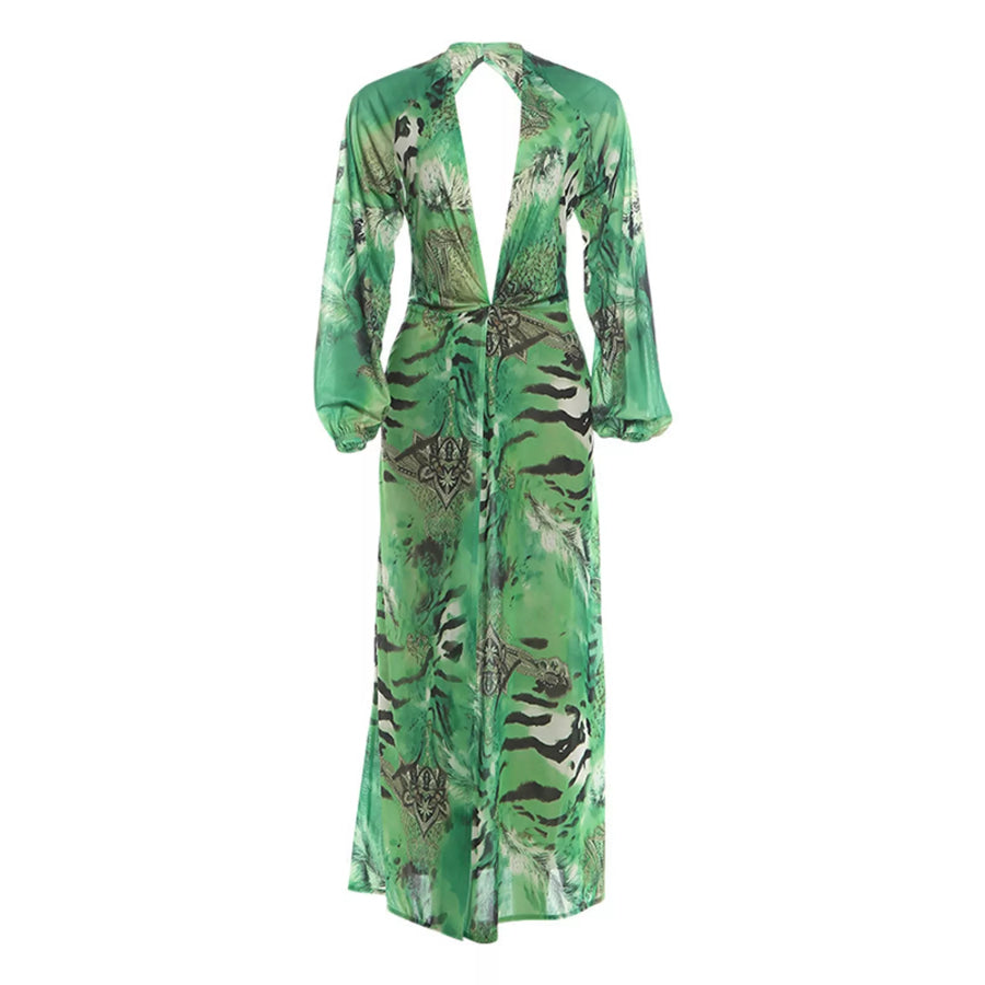Deep V-Neck Long Sleeve Printed Maxi Dress Apparel and Accessories