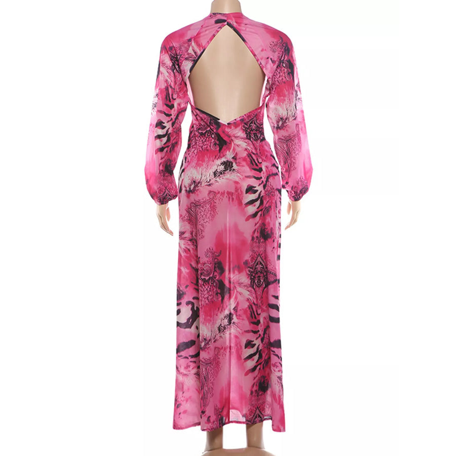 Deep V-Neck Long Sleeve Printed Maxi Dress Apparel and Accessories