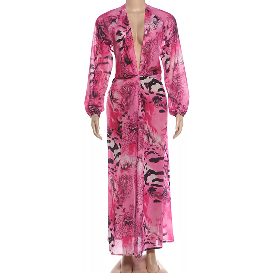 Deep V-Neck Long Sleeve Printed Maxi Dress Apparel and Accessories
