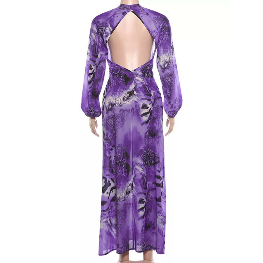 Deep V-Neck Long Sleeve Printed Maxi Dress Apparel and Accessories
