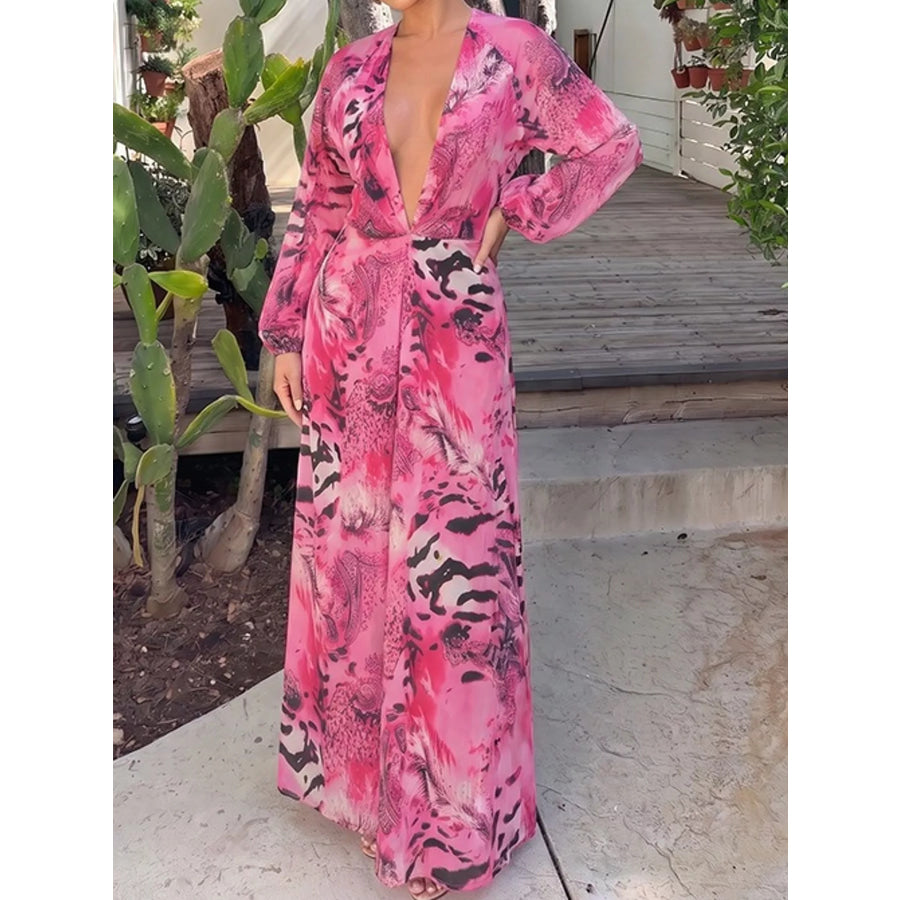 Deep V-Neck Long Sleeve Printed Maxi Dress Apparel and Accessories