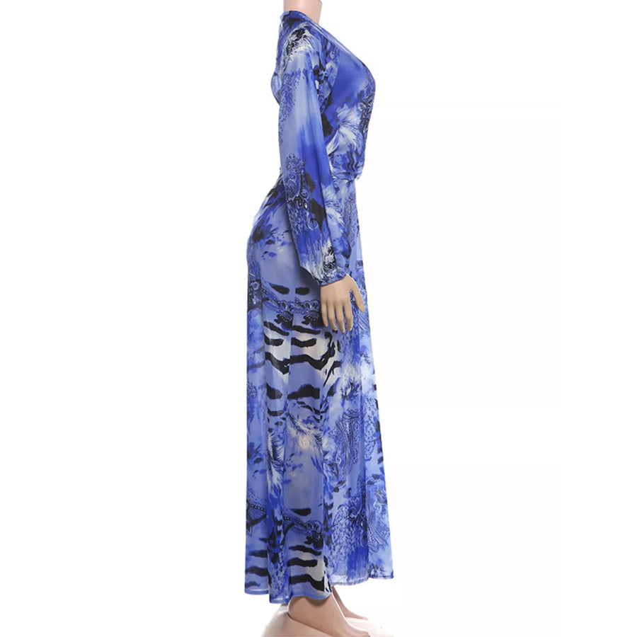 Deep V-Neck Long Sleeve Printed Maxi Dress Apparel and Accessories